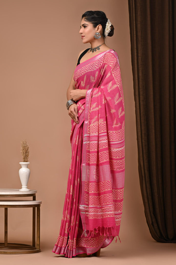 Linen cotton Handblock printed saree with blouse piece - Hot pink