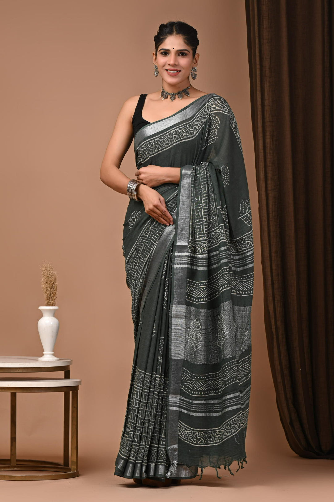 Linen cotton Handblock printed saree with blouse piece - Bottle Green
