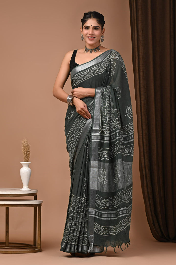 Linen cotton Handblock printed saree with blouse piece - Bottle Green