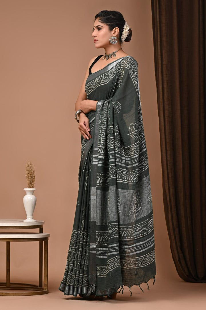 Linen cotton Handblock printed saree with blouse piece - Bottle Green