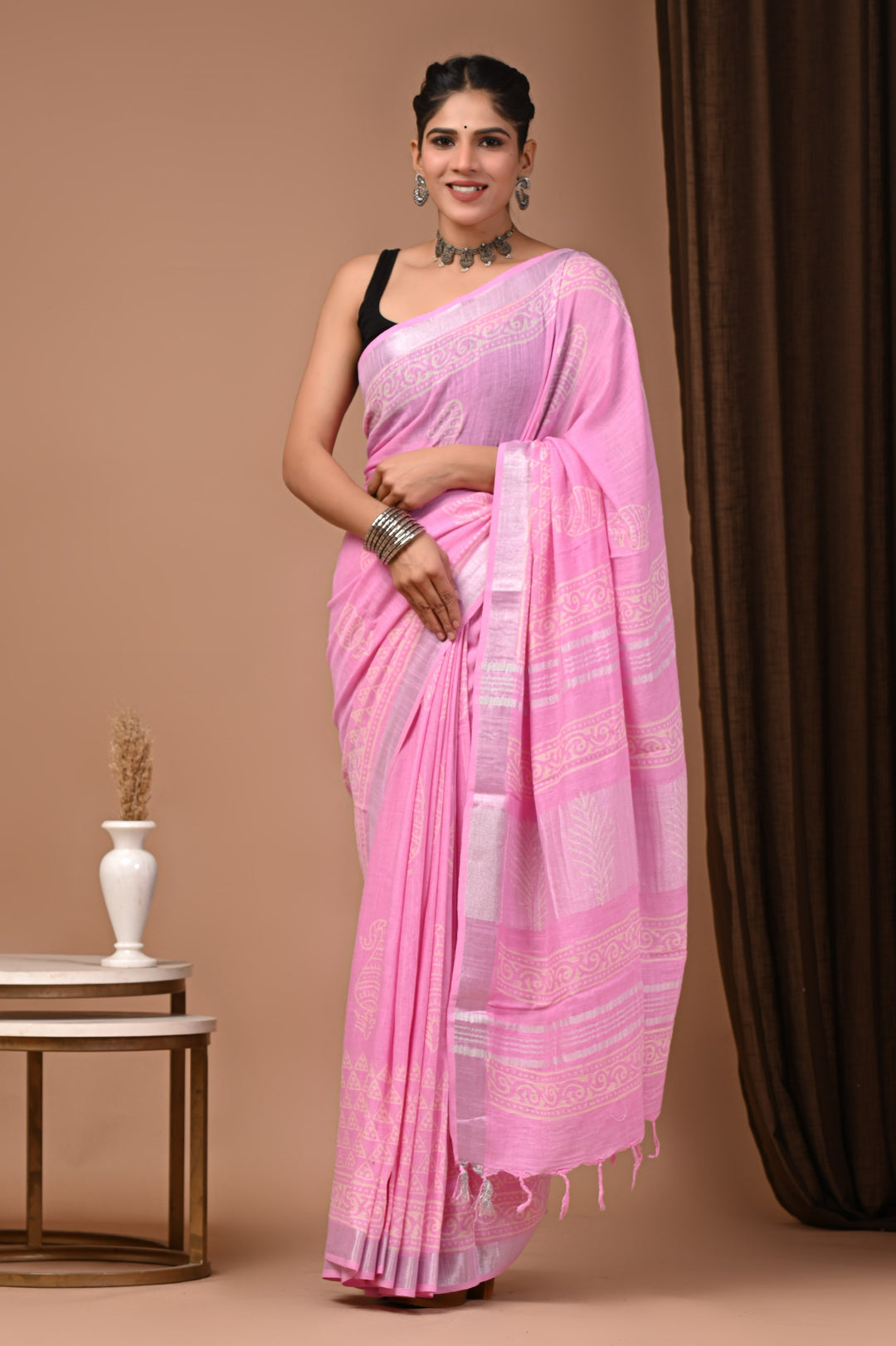 Linen cotton Handblock printed saree with blouse piece - Light Pink