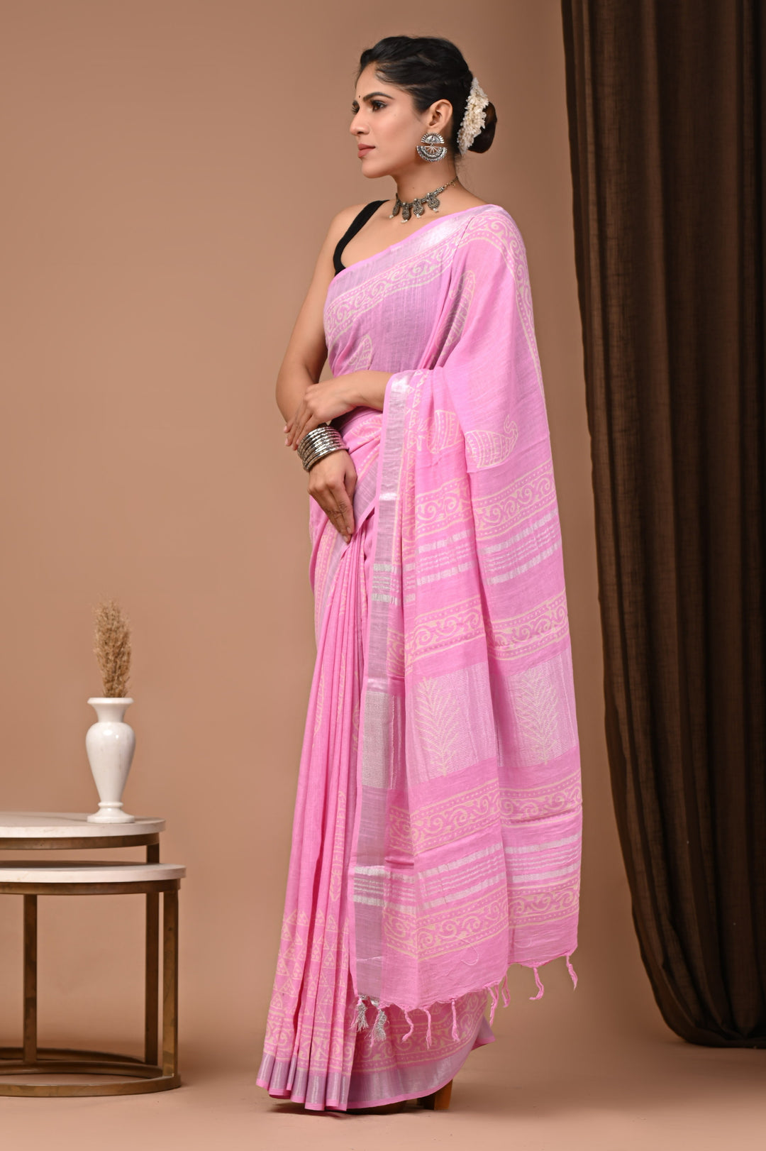 Linen cotton Handblock printed saree with blouse piece - Light Pink