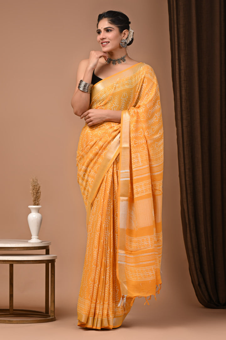 Linen cotton Handblock printed saree with blouse piece - Yellow Daabu