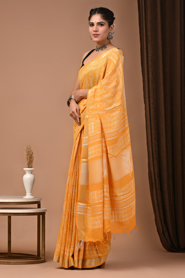 Linen cotton Handblock printed saree with blouse piece - Yellow Daabu