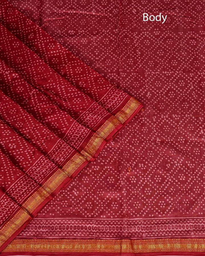 Bandhani Print Pure Maheshwari Silk Handblock Printed Saree - Maroon
