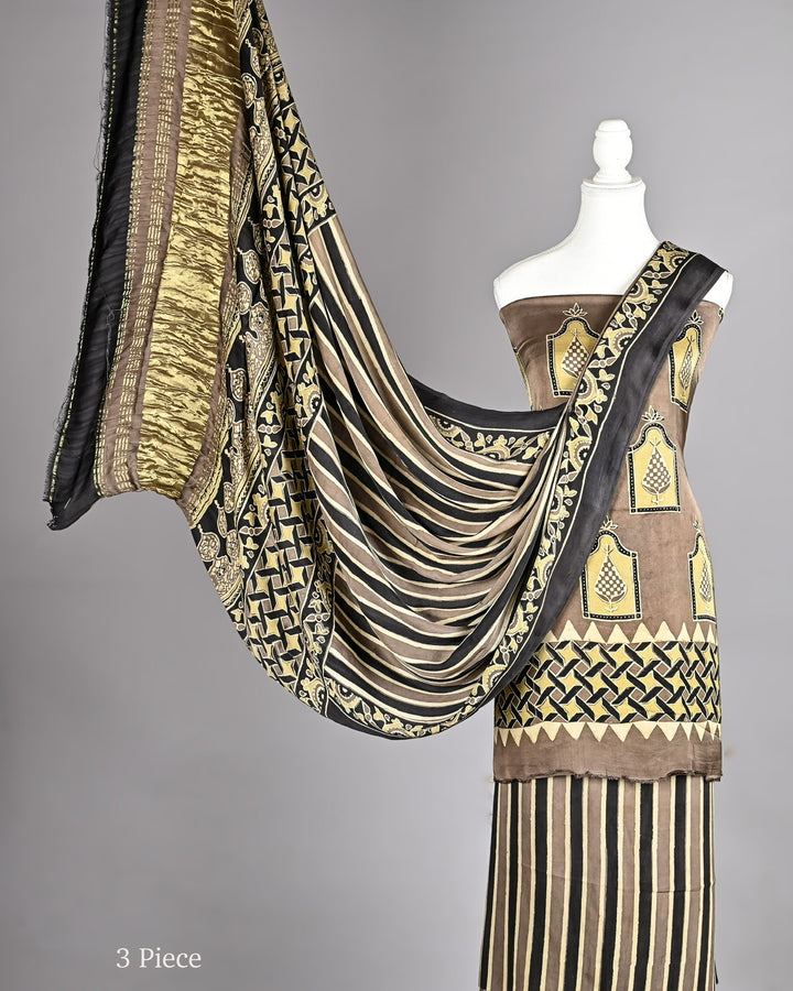 Taupe Brown Pure Modal Silk Ajrakh Geometric Jali and Stripe Print Suit