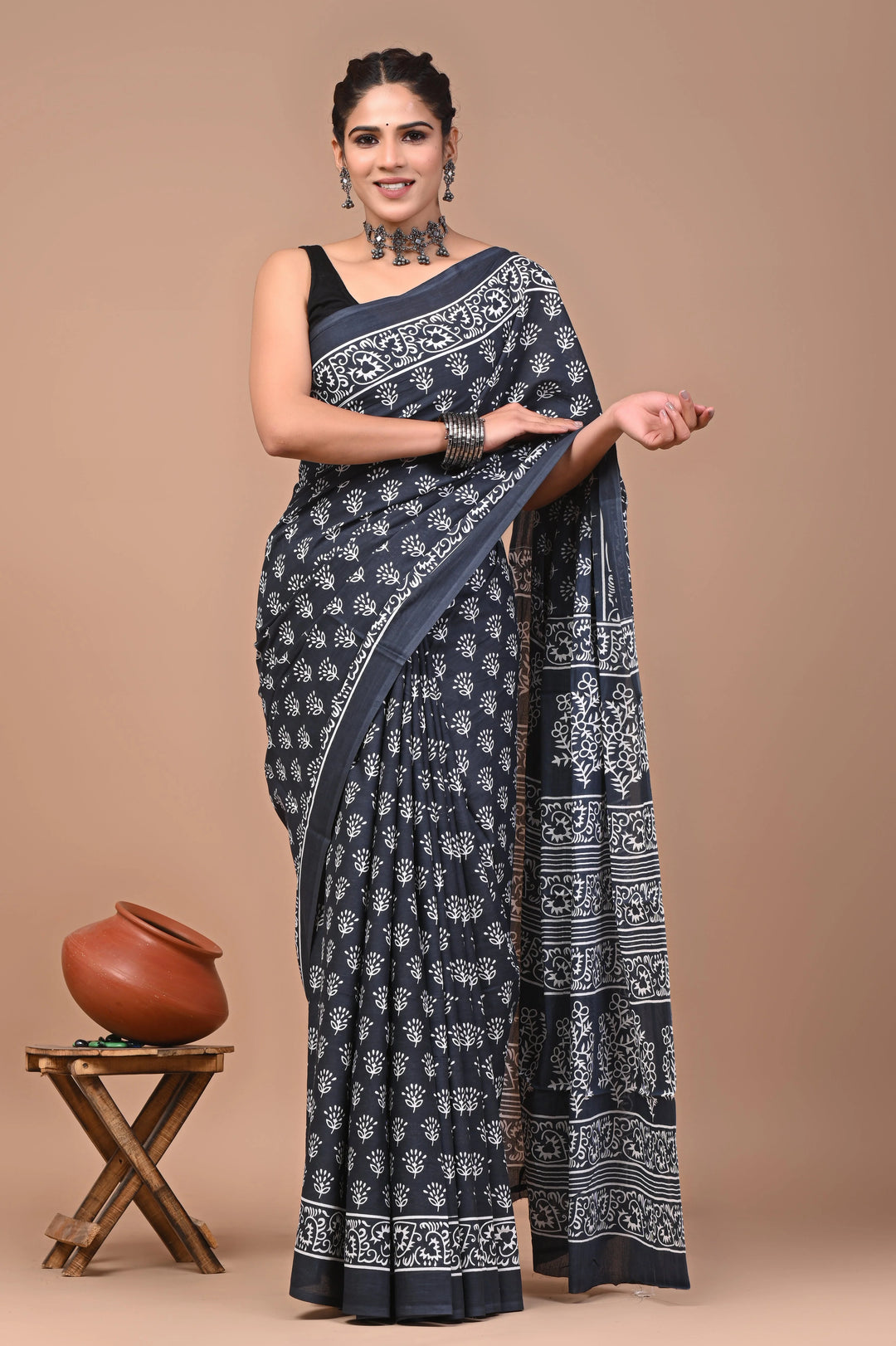 Daabu Jaipuri Printed Pure Mulmul Cotton Saree | With Blouse Piece