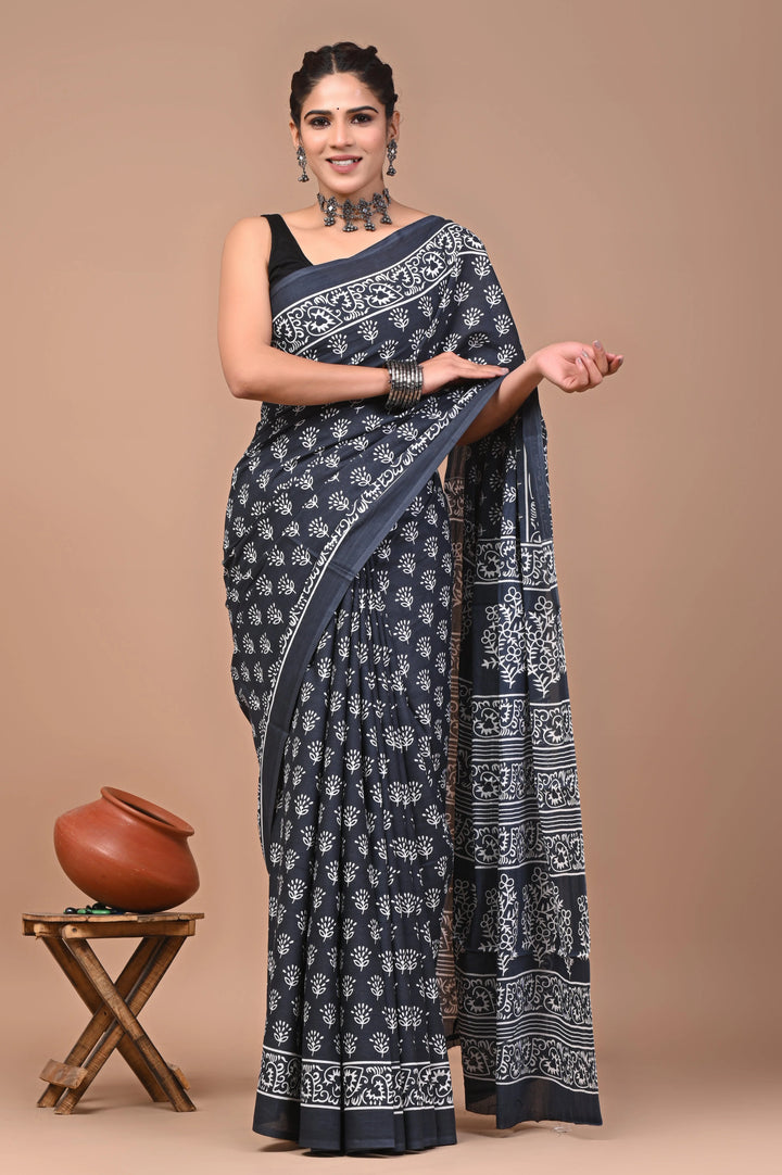 Daabu Jaipuri Printed Pure Mulmul Cotton Saree | With Blouse Piece