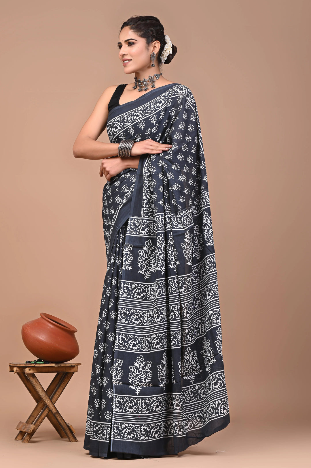 Daabu Jaipuri Printed Pure Mulmul Cotton Saree | With Blouse Piece