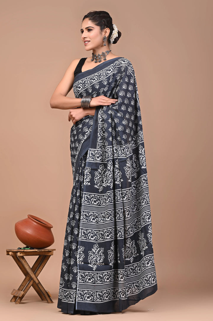 Daabu Jaipuri Printed Pure Mulmul Cotton Saree | With Blouse Piece