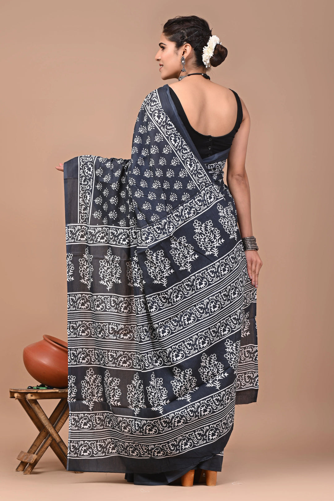 Daabu Jaipuri Printed Pure Mulmul Cotton Saree | With Blouse Piece