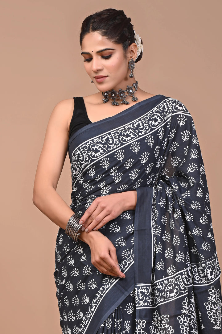Daabu Jaipuri Printed Pure Mulmul Cotton Saree | With Blouse Piece