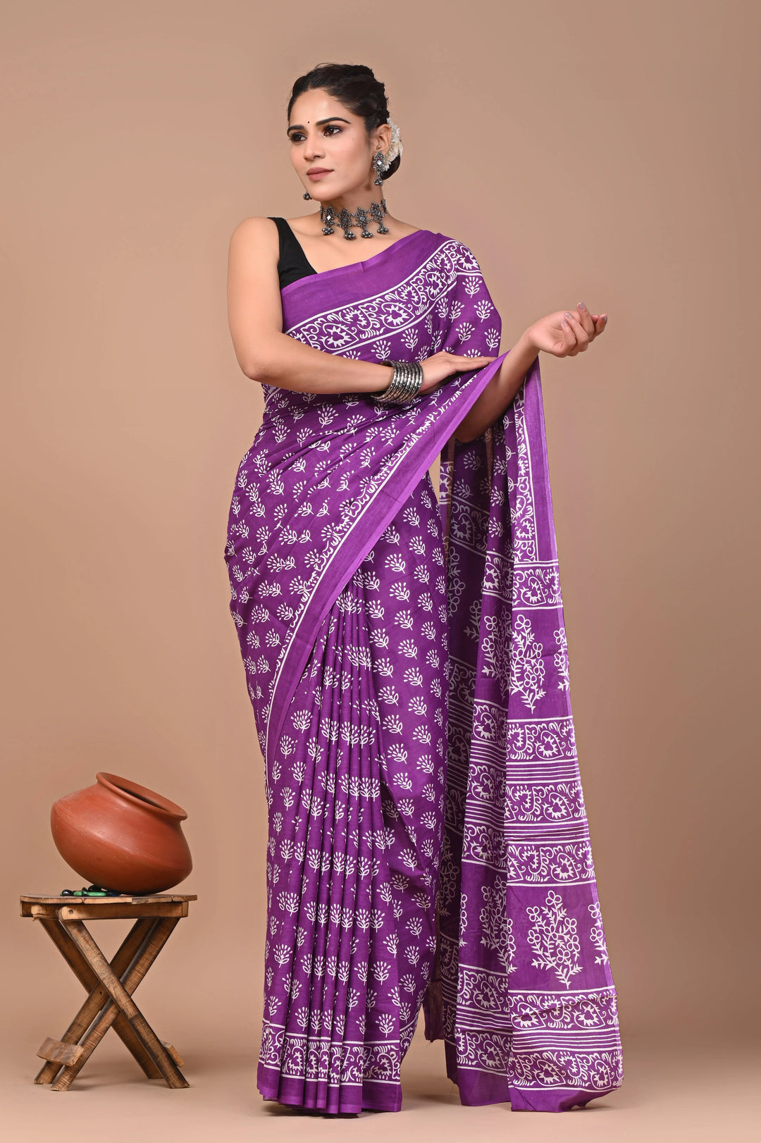 Purple Jaipuri Printed Pure Mulmul Cotton Saree | With Blouse Piece
