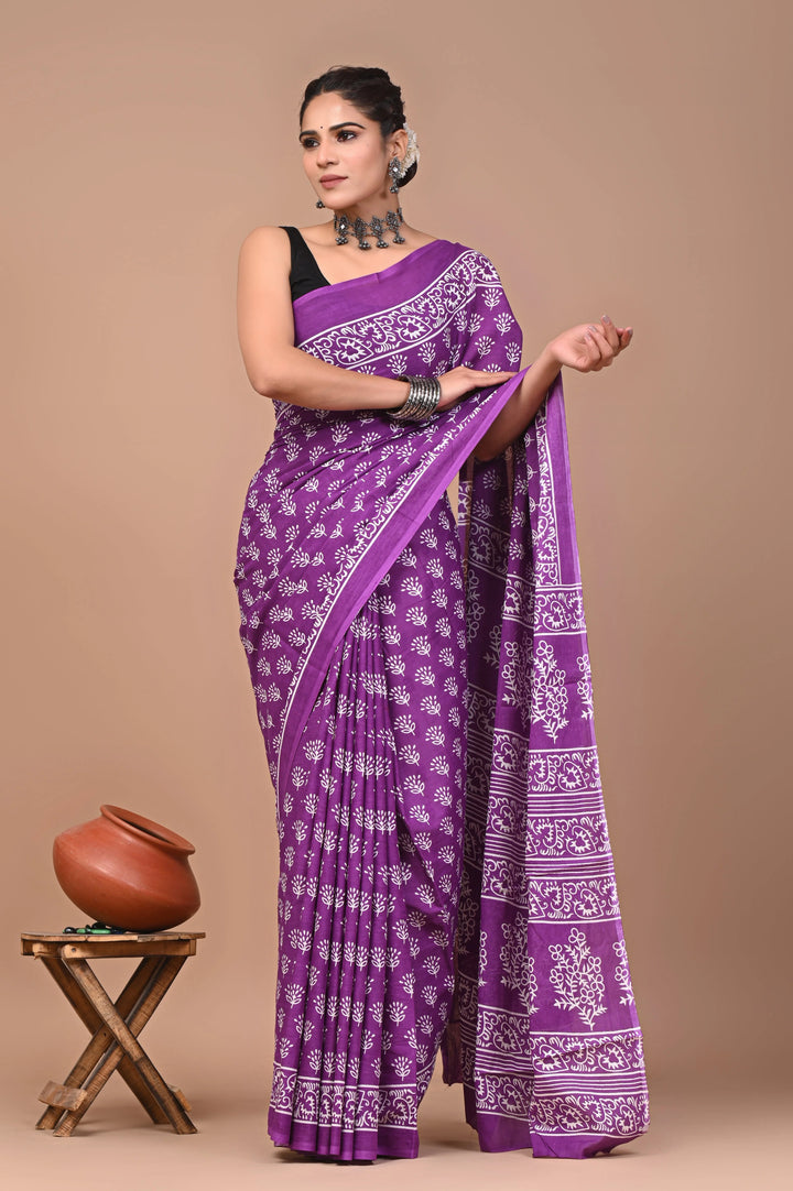 Purple Jaipuri Printed Pure Mulmul Cotton Saree | With Blouse Piece