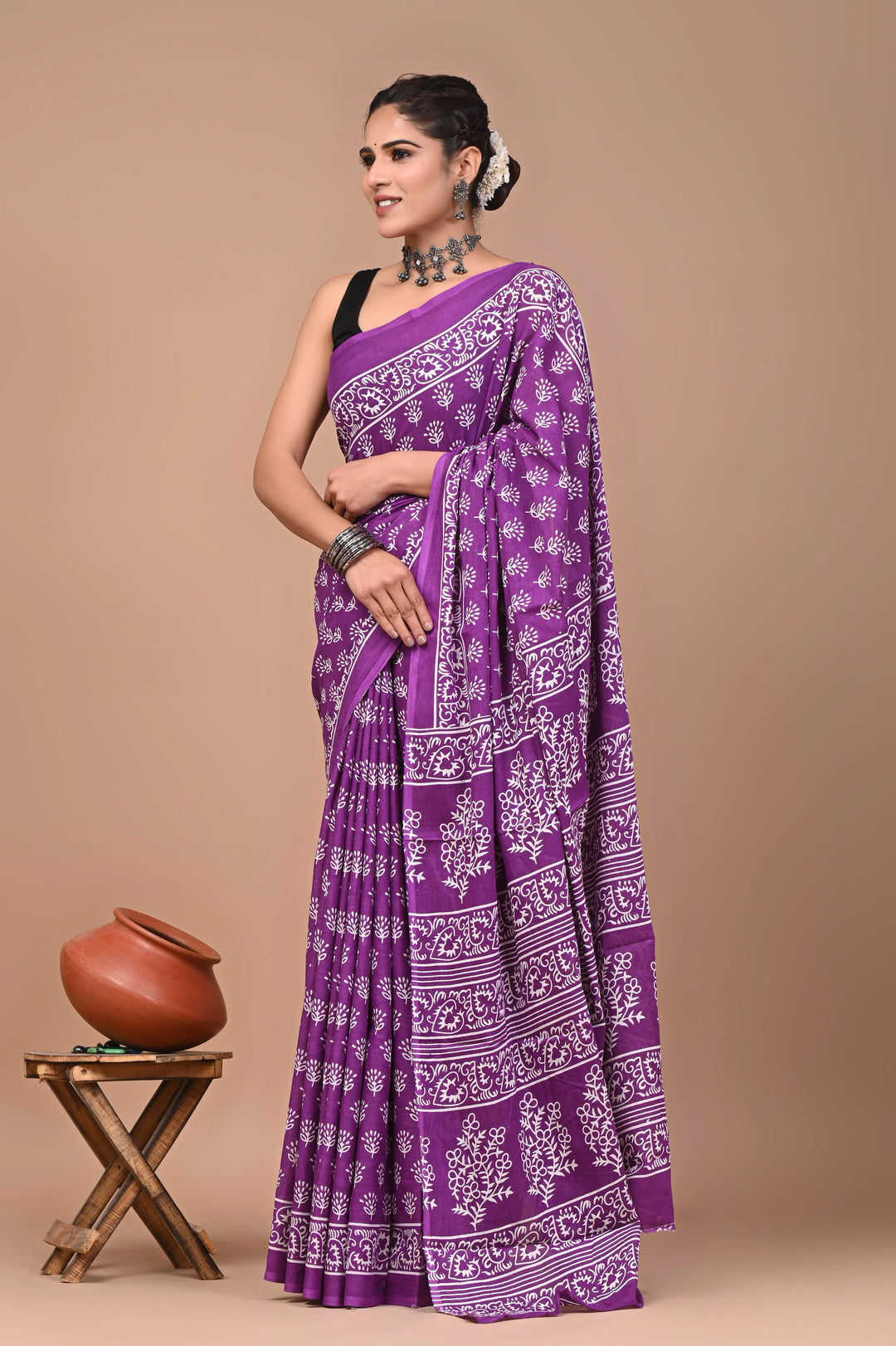 Purple Jaipuri Printed Pure Mulmul Cotton Saree | With Blouse Piece