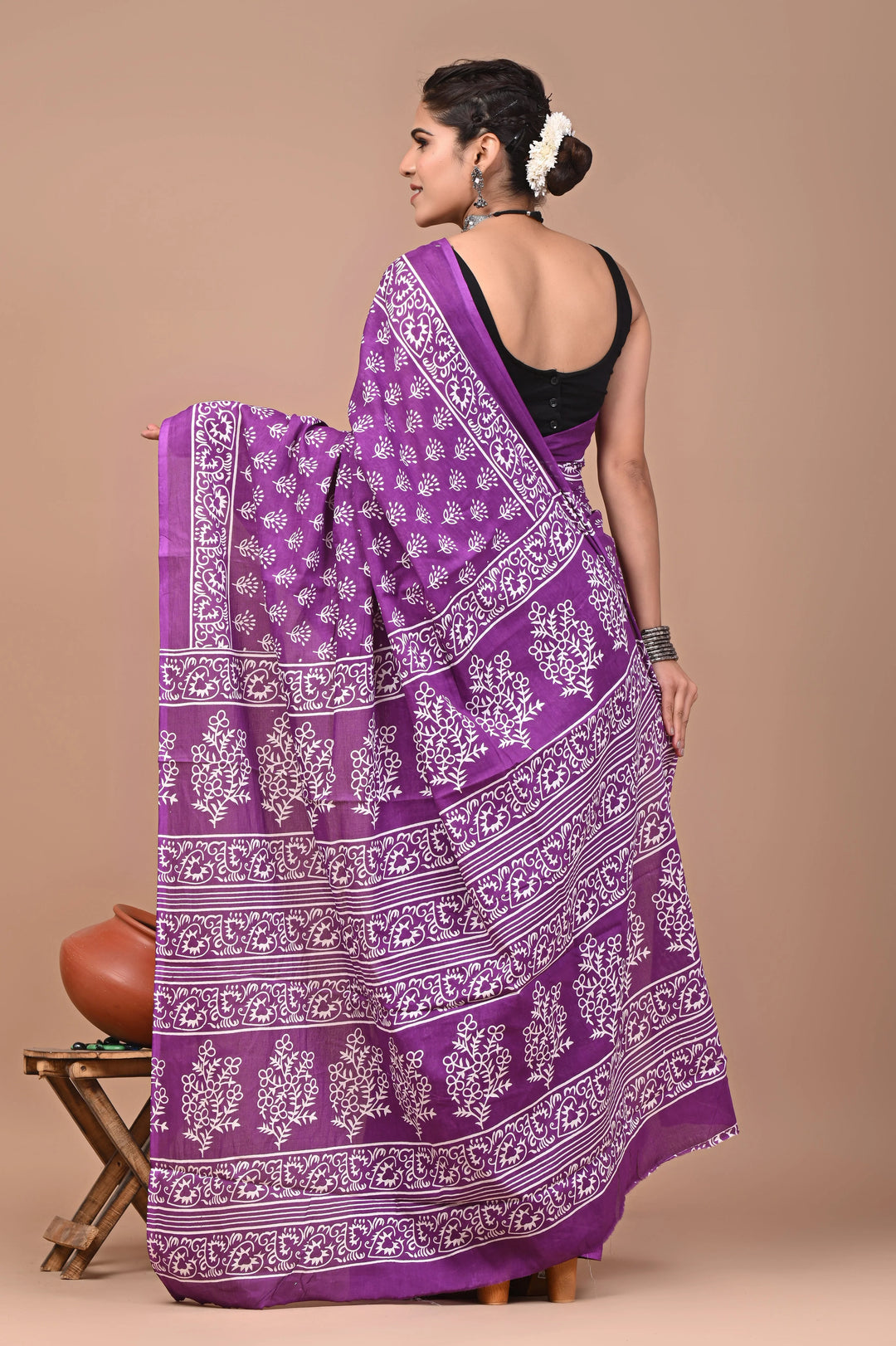 Purple Jaipuri Printed Pure Mulmul Cotton Saree | With Blouse Piece