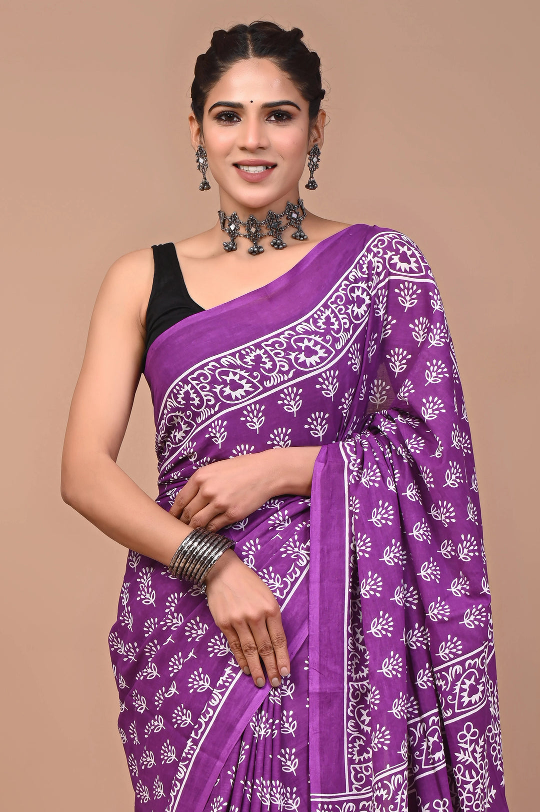 Purple Jaipuri Printed Pure Mulmul Cotton Saree | With Blouse Piece