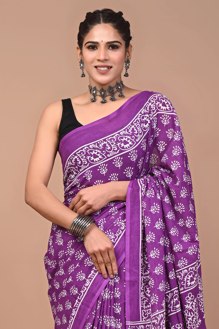 Purple Jaipuri Printed Pure Mulmul Cotton Saree | With Blouse Piece