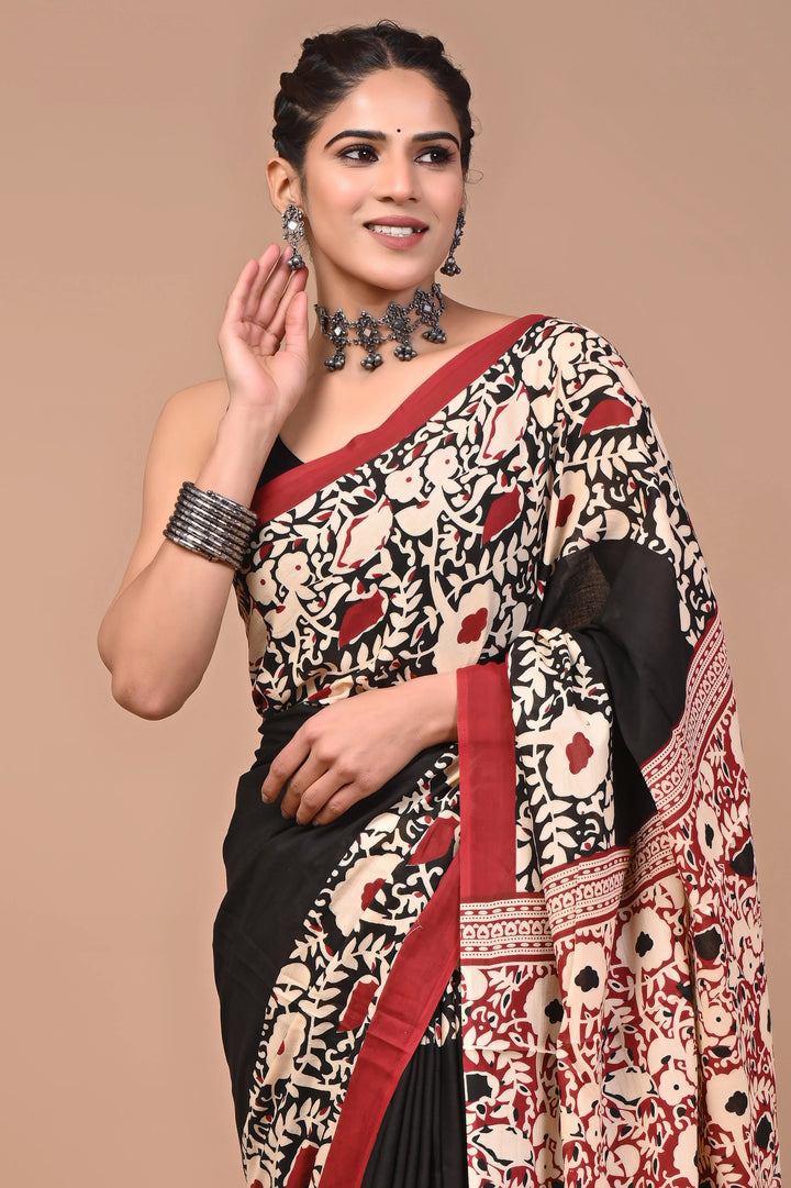 Jaipuri Printed Pure Mulmul Cotton Saree | With Blouse Piece Black And Red