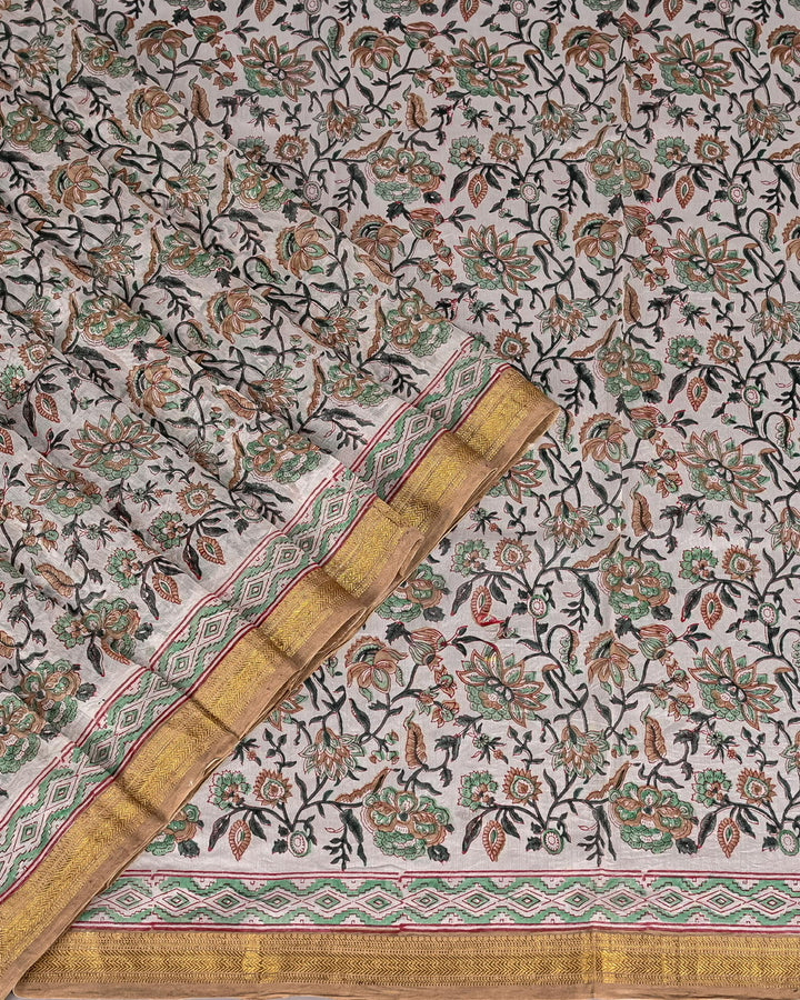 Pure Maheshwari Silk Handblock Printed Saree - White Base Sanganeri