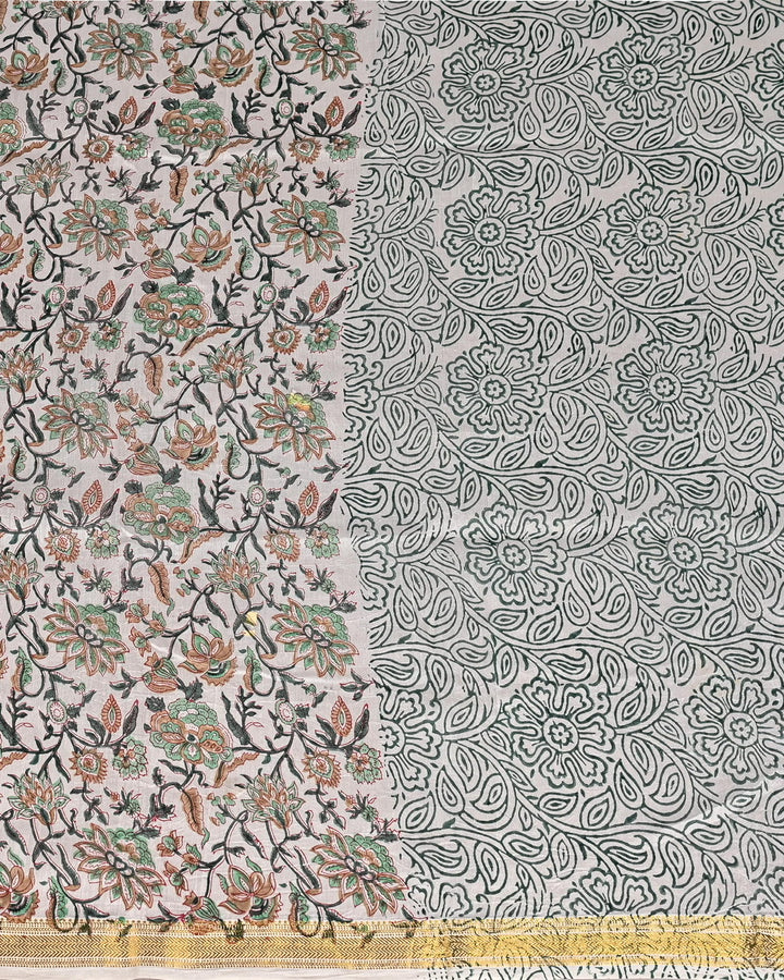Pure Maheshwari Silk Handblock Printed Saree - White Base Sanganeri