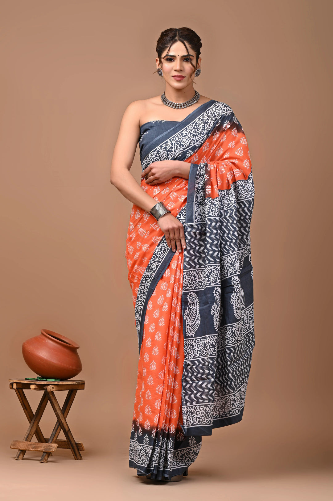 Jaipuri Printed Pure Mulmul Cotton Saree | With Blouse Piece Grey And Peach