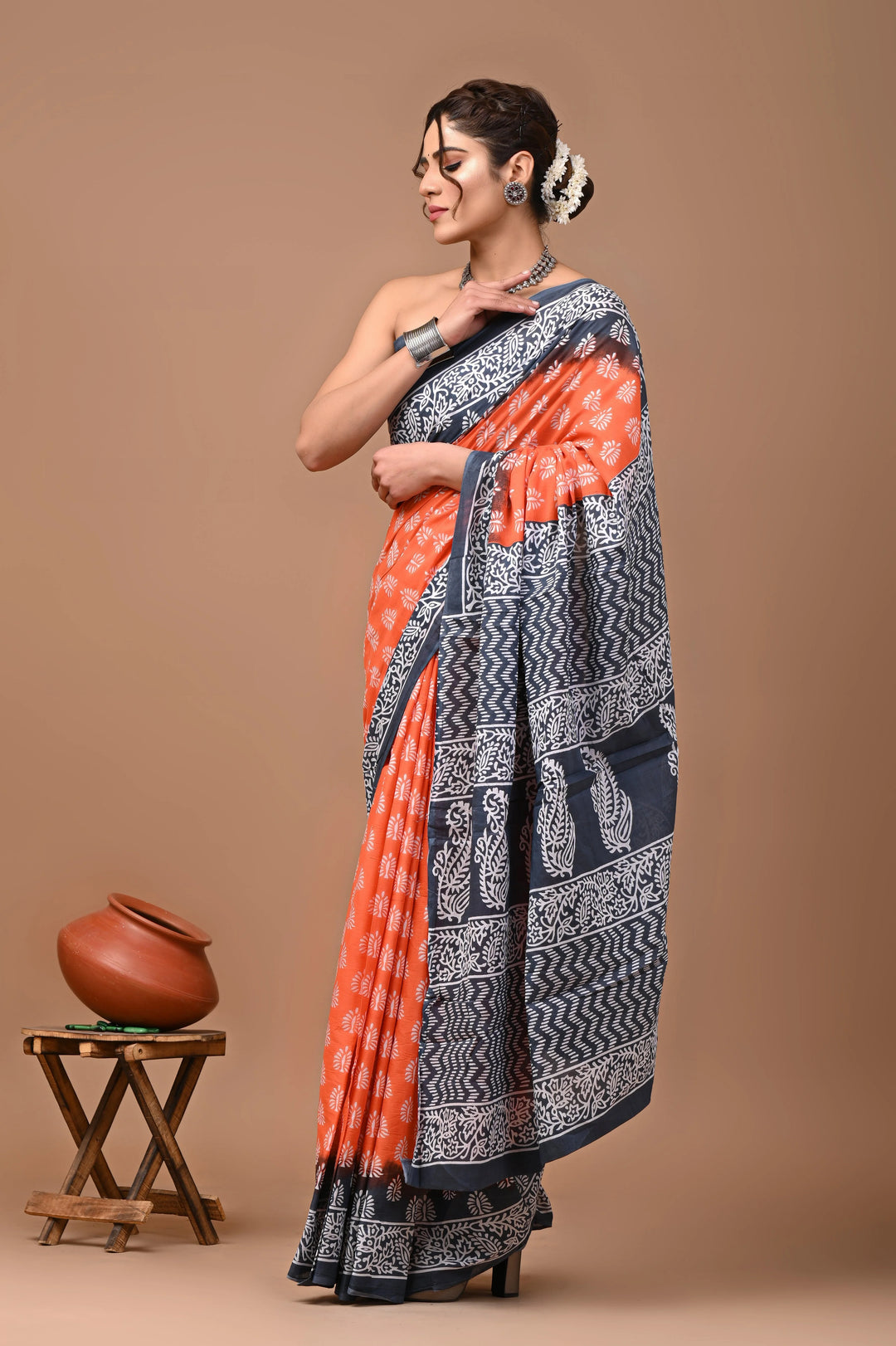 Jaipuri Printed Pure Mulmul Cotton Saree | With Blouse Piece Grey And Peach