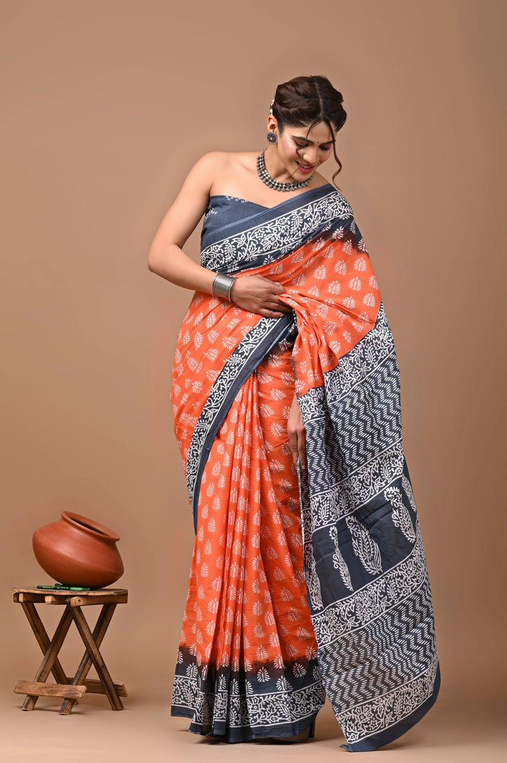 Jaipuri Printed Pure Mulmul Cotton Saree | With Blouse Piece Grey And Peach