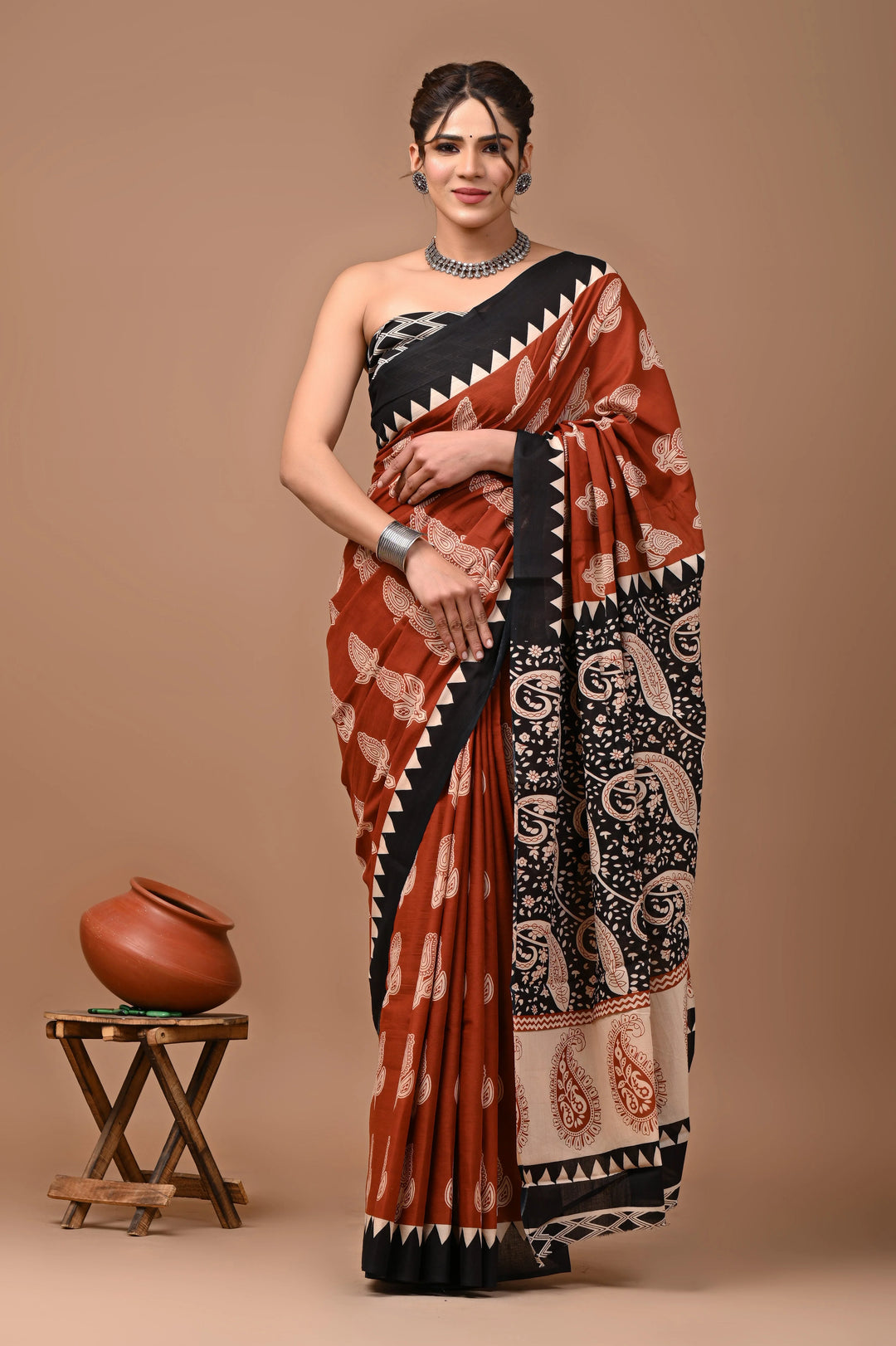 Jaipuri Printed Pure Mulmul Cotton Saree | With Blouse Piece Brown