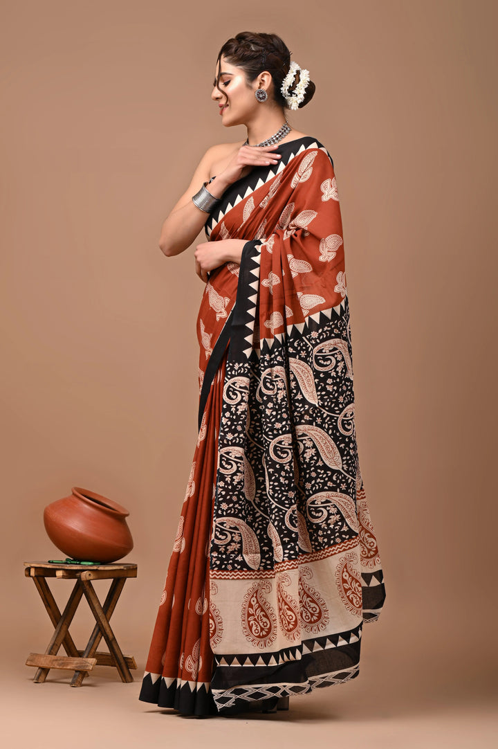 Jaipuri Printed Pure Mulmul Cotton Saree | With Blouse Piece Brown
