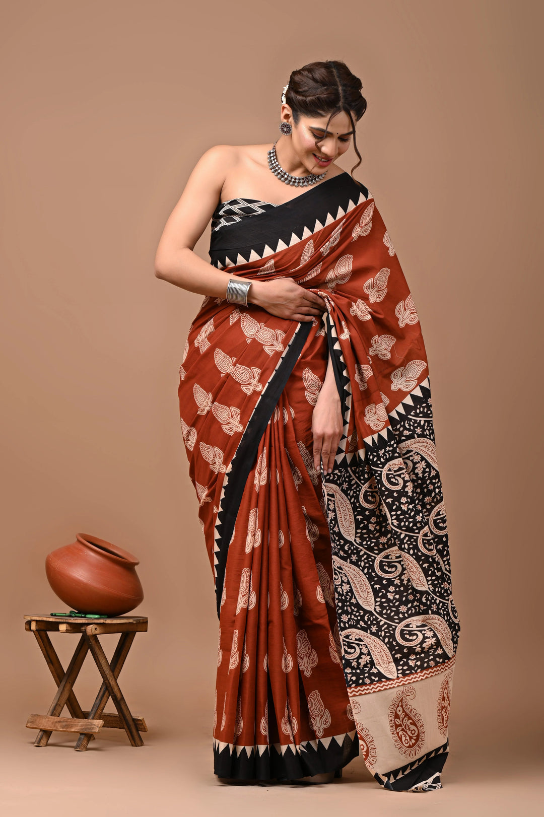 Jaipuri Printed Pure Mulmul Cotton Saree | With Blouse Piece Brown
