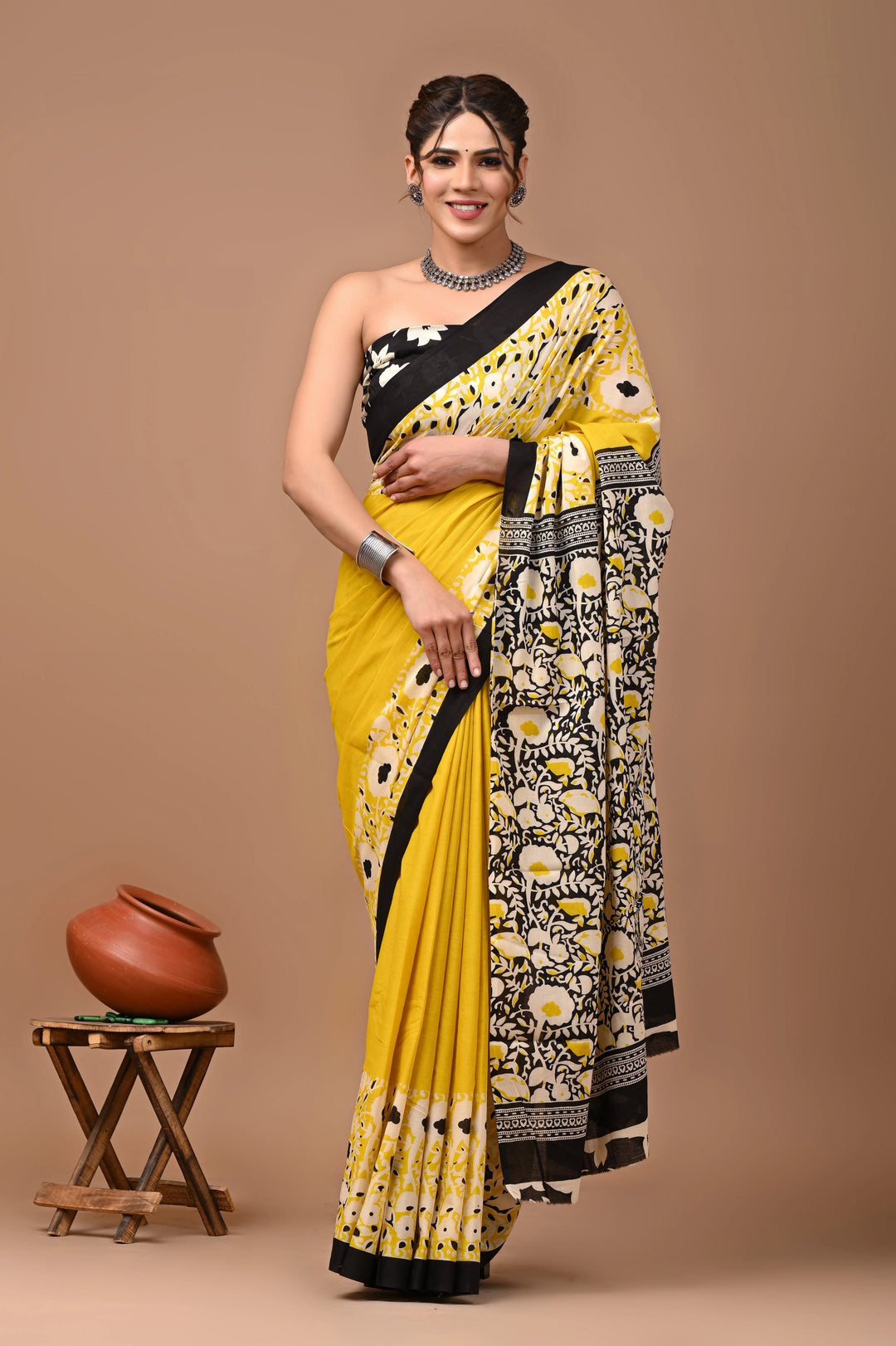 Jaipuri Printed Pure Mulmul Cotton Saree | With Blouse Piece Lime Yellow