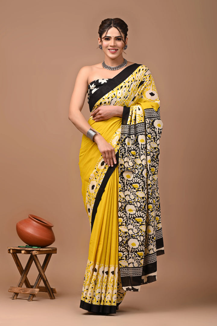 Jaipuri Printed Pure Mulmul Cotton Saree | With Blouse Piece Lime Yellow