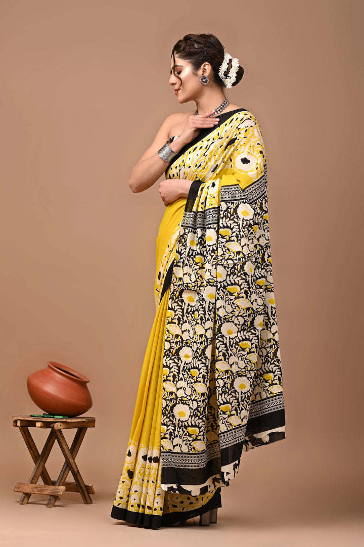 Jaipuri Printed Pure Mulmul Cotton Saree | With Blouse Piece Lime Yellow