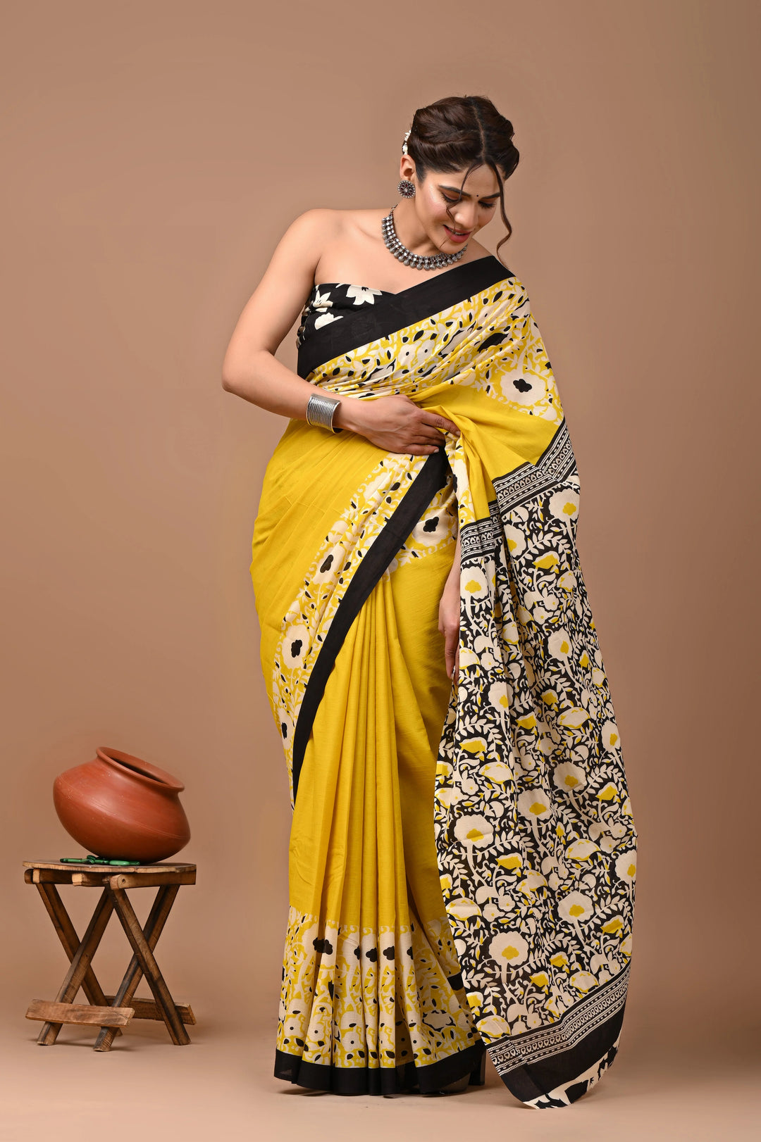 Jaipuri Printed Pure Mulmul Cotton Saree | With Blouse Piece Lime Yellow