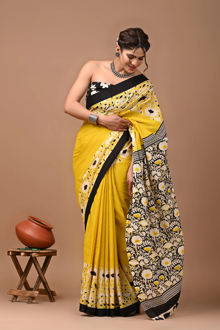 Jaipuri Printed Pure Mulmul Cotton Saree | With Blouse Piece Lime Yellow