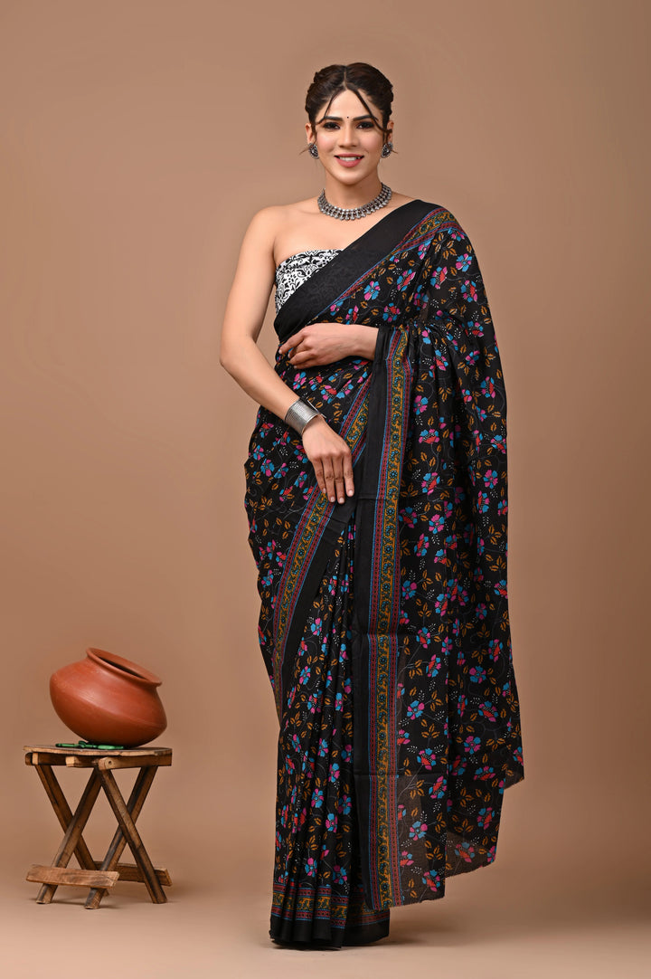 Jaipuri Printed Pure Mulmul Cotton Saree | With Blouse Piece Multicolor