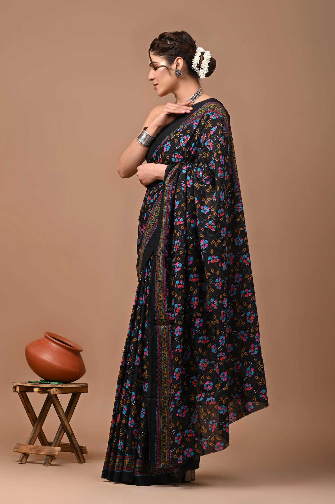 Jaipuri Printed Pure Mulmul Cotton Saree | With Blouse Piece Multicolor