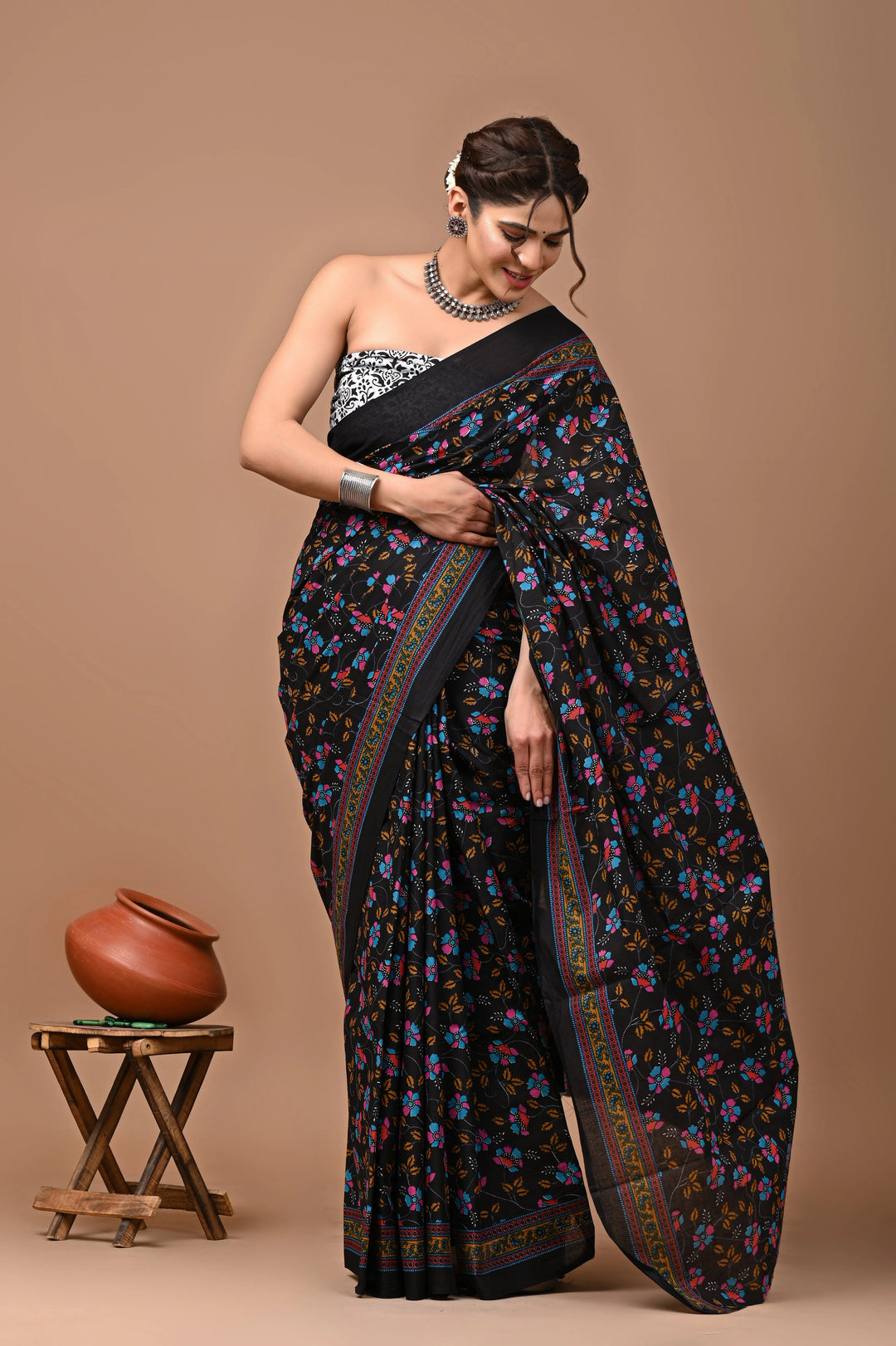 Jaipuri Printed Pure Mulmul Cotton Saree | With Blouse Piece Multicolor