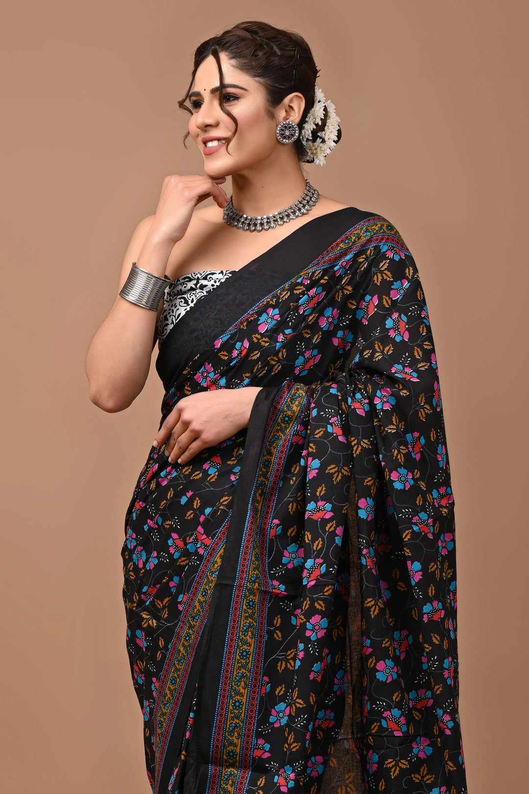 Jaipuri Printed Pure Mulmul Cotton Saree | With Blouse Piece Multicolor