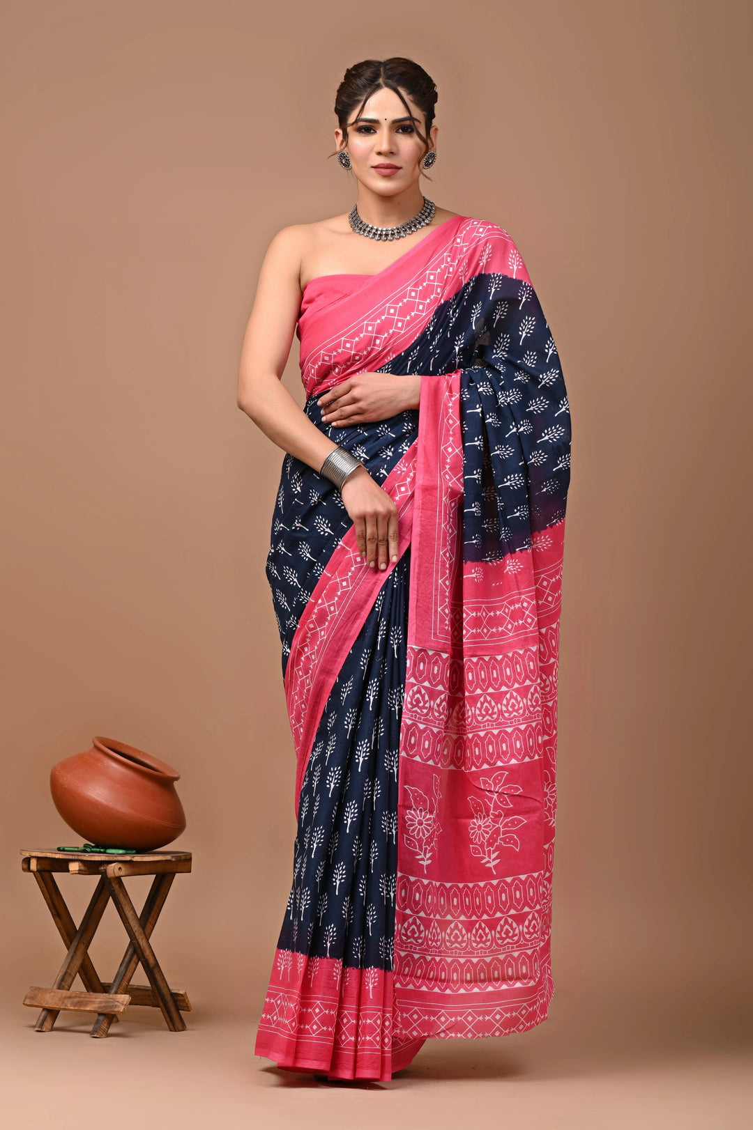 Jaipuri Printed Pure Mulmul Cotton Saree | With Blouse Piece Navy Blue Pink Combo