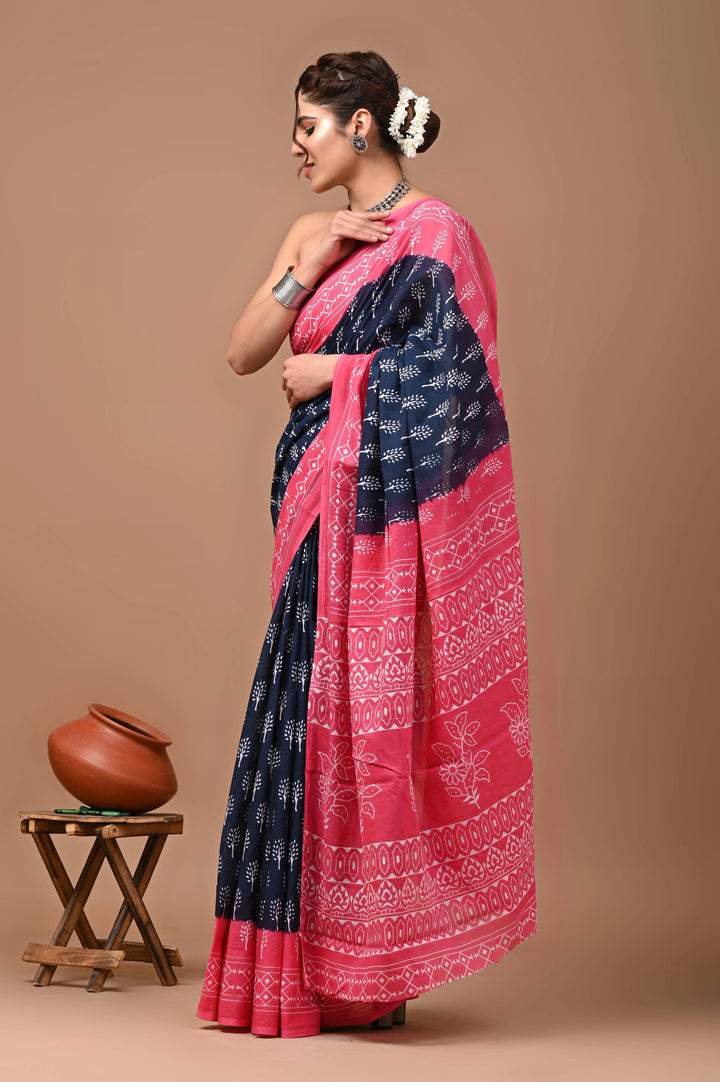 Jaipuri Printed Pure Mulmul Cotton Saree | With Blouse Piece Navy Blue Pink Combo