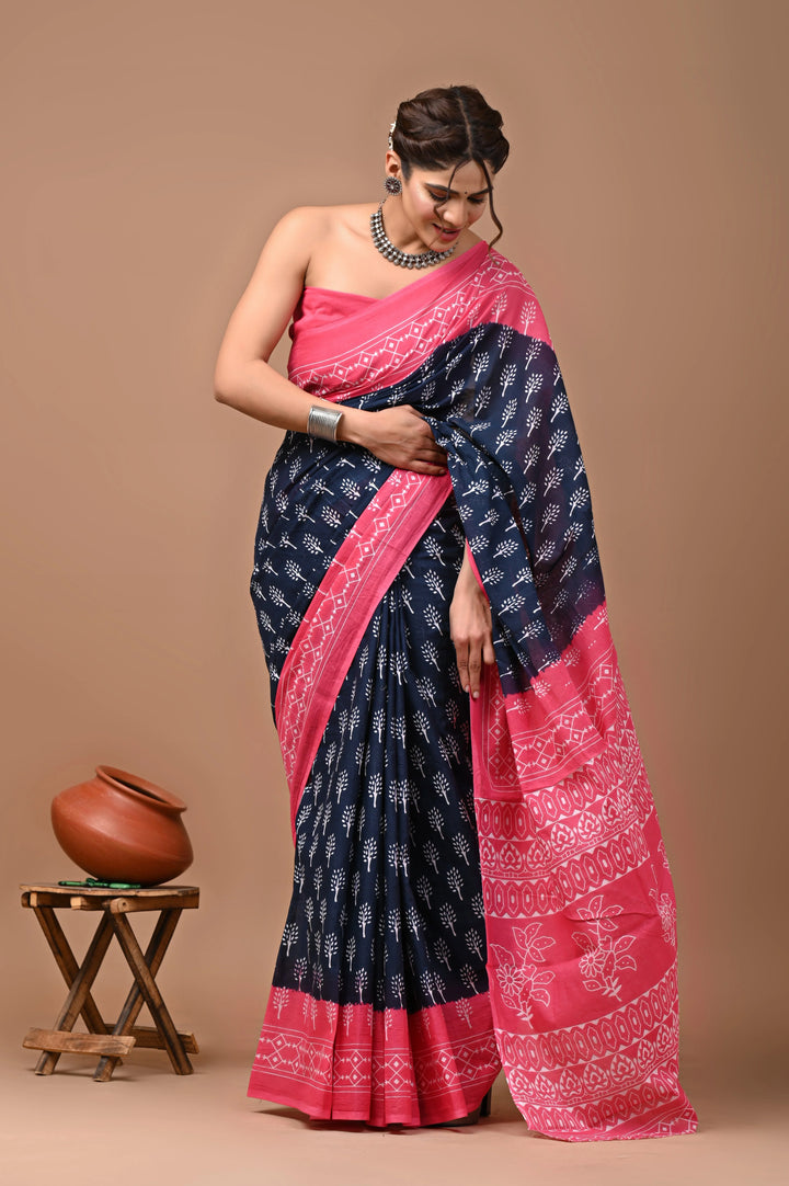 Jaipuri Printed Pure Mulmul Cotton Saree | With Blouse Piece Navy Blue Pink Combo