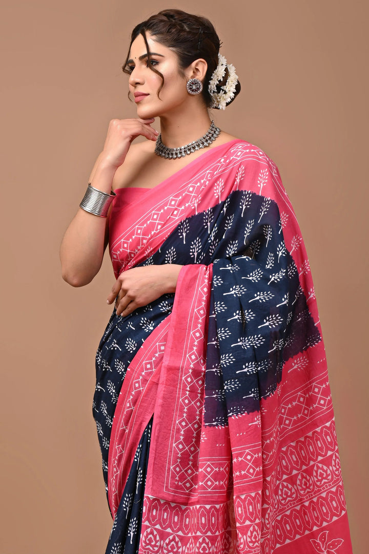 Jaipuri Printed Pure Mulmul Cotton Saree | With Blouse Piece Navy Blue Pink Combo