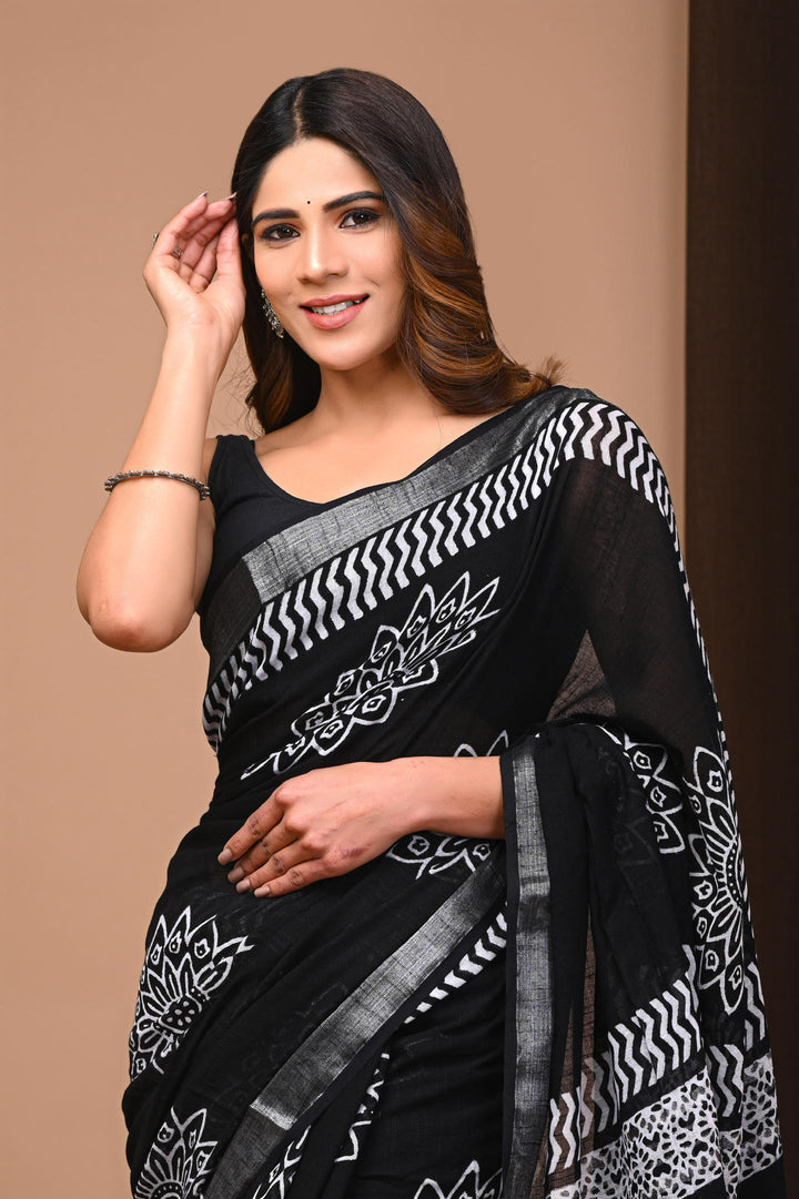 Linen cotton Handblock printed saree with blouse piece - Black And White