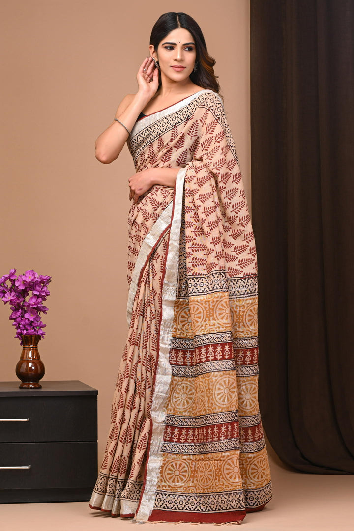 Bagru Booti Handblock printed Linen cotton saree with blouse piece - Cream with maroon