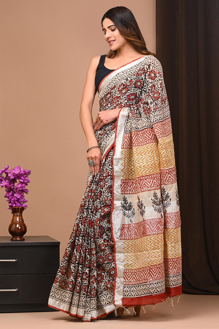 Linen cotton Handblock printed saree with blouse piece - Floral Bagru