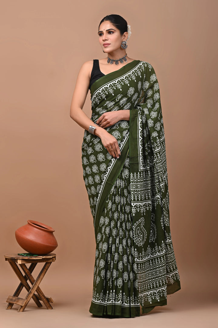 Jaipuri Printed Pure Mulmul Cotton Saree | With Blouse Piece Olive Green