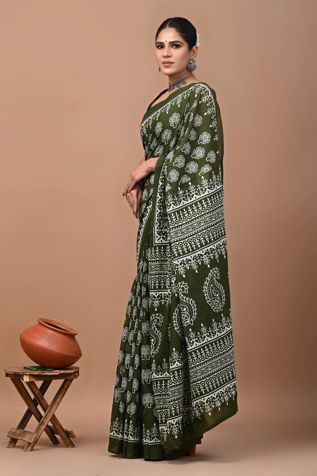 Jaipuri Printed Pure Mulmul Cotton Saree | With Blouse Piece Olive Green