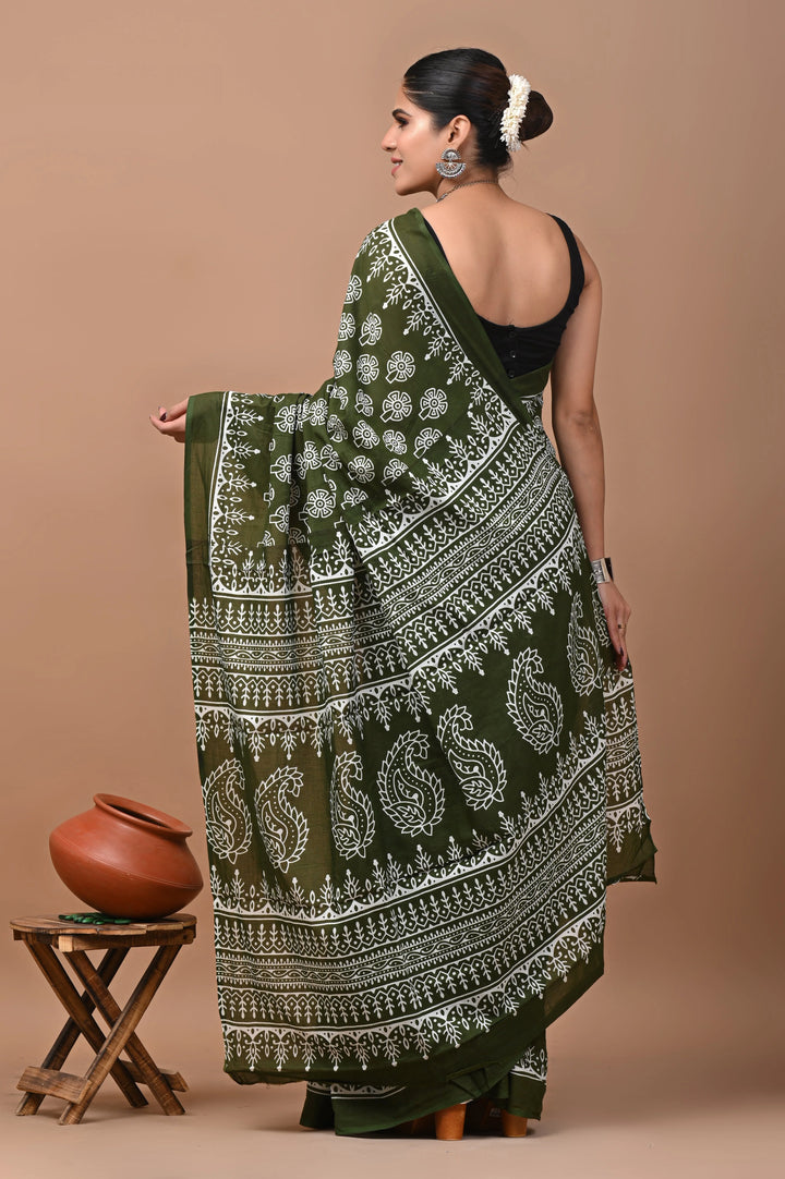 Jaipuri Printed Pure Mulmul Cotton Saree | With Blouse Piece Olive Green